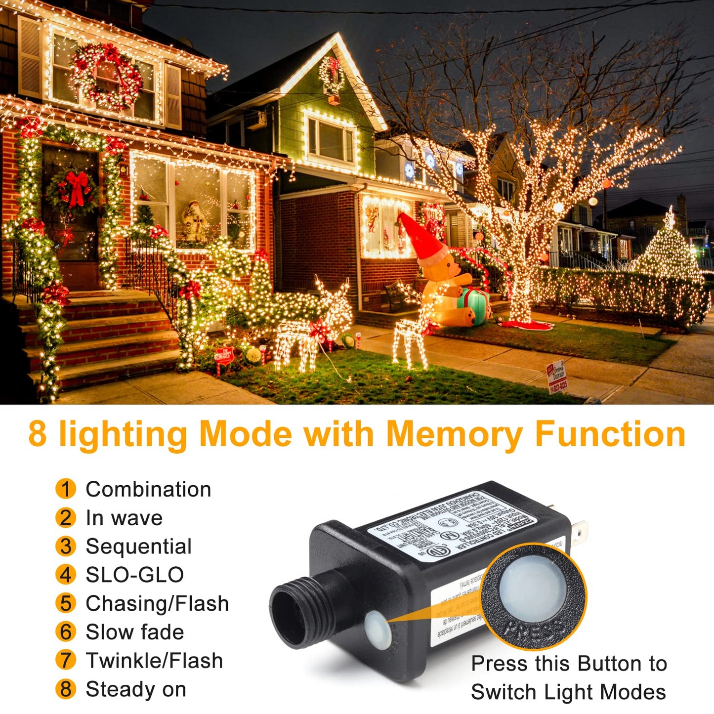 HAILI XMGQ 105FT 300 LED Christmas Lights Outdoor, Warm White, 8 Modes, Model HL300E