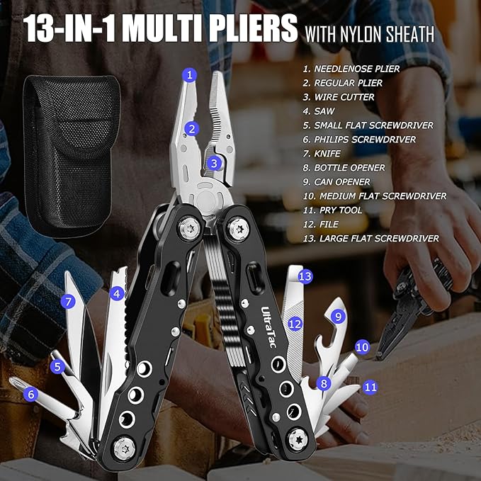 UltraTac Military Grade Multitool Gift Set for Men, Compact Survival Kit for Car Emergency, Christmas or Birthday Gift for Man, Pocket EDC Tools for Camping, Hiking & Quick Fixes - Stainless Steel