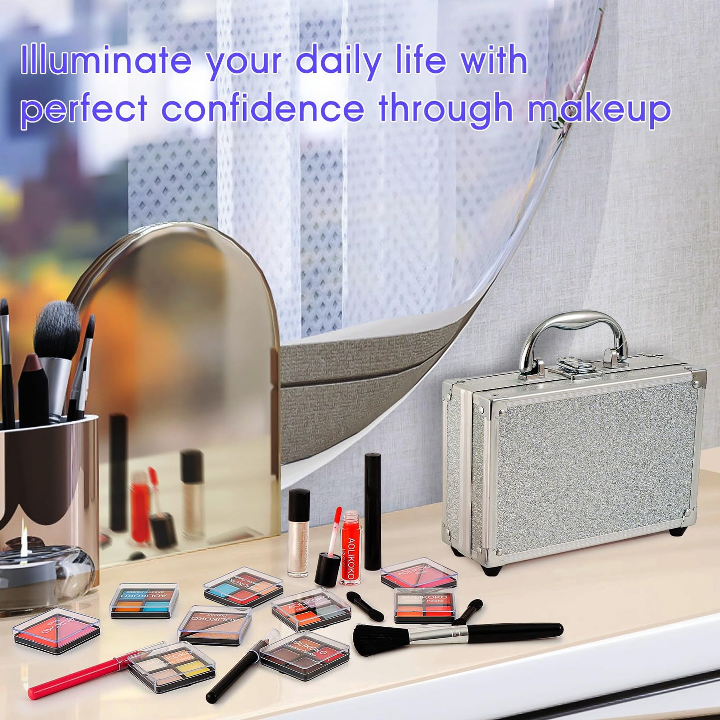 AOLIKOKO Makeup Kit for Teenager & Women Full Kit, All in One Makeup Set With The Small Cosmetic Train Case, Professional Makeup Kit, Makeup Gift Set for Women Girls (silver)