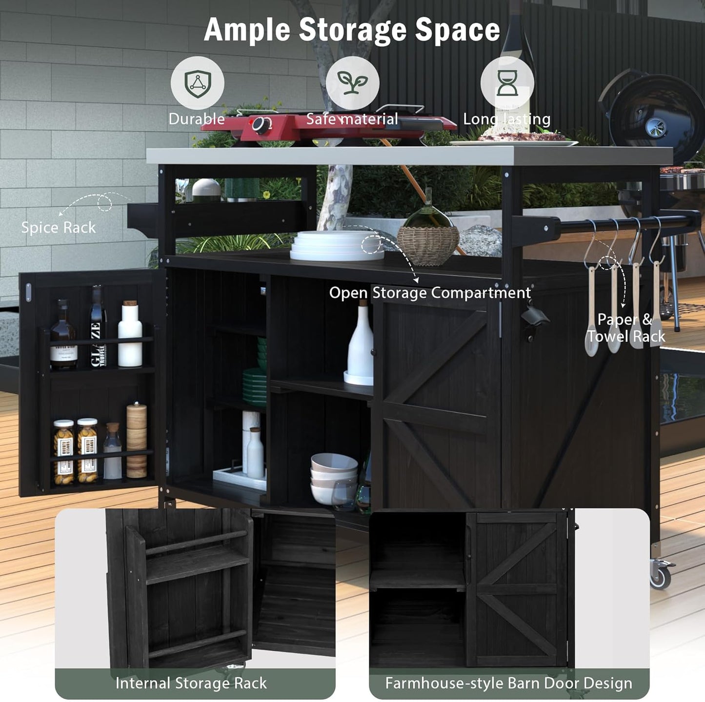 Outdoor Grill Carts for Patio Graden BBQ with Storage Cabinet, Home Rolling Kitchen Island Bar Cart with Stainless Steel Top, Food Prep Table with Shelves, Spice Rack & Towel Holder (Black)
