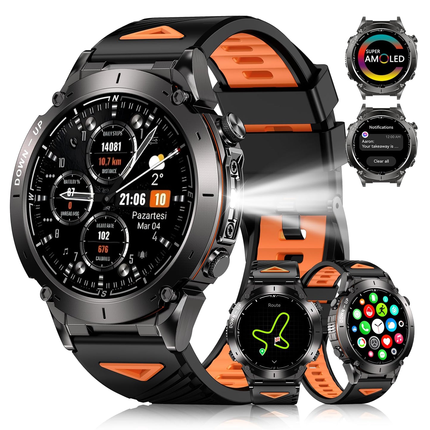 PODOEIL GPS Military Smart Watch for Men with Bluetooth Call, 1.43" AMOLED Waterproof Fitness Tracker with Heart Rate/Sleep Monitor/Flashlight, 170+ Sports Modes, 730mAh Battery for Android/iOS