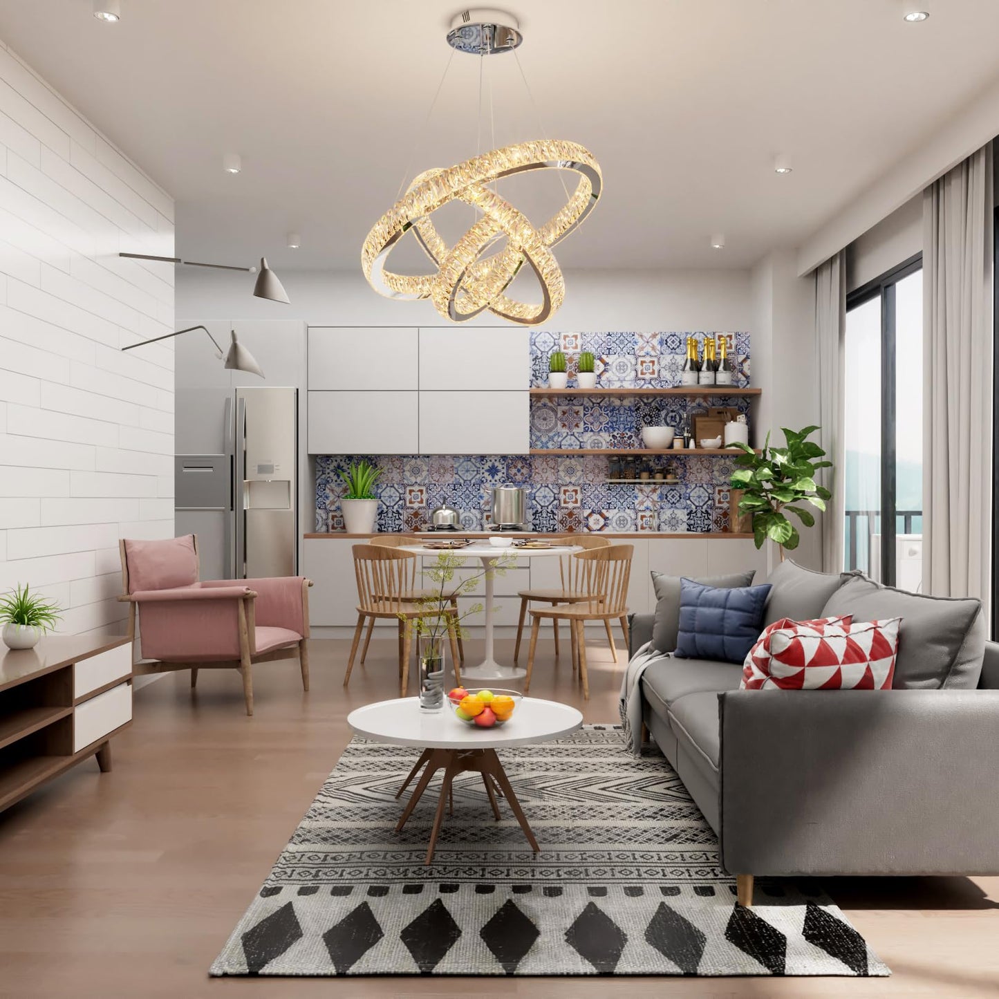Idequy 3 Rings Crystal Chandeliers 32+24+16 Crystal Ceiling Light Fixture Pendant Lighting Hanging Lamp For Living Room Led Dimmable 3000-6000K