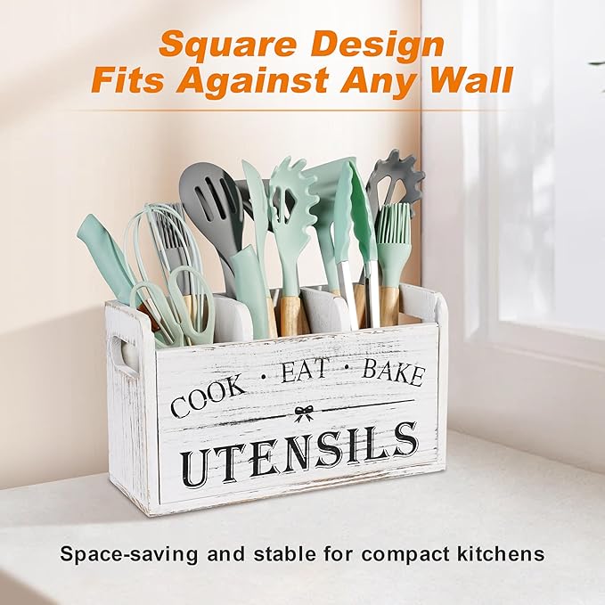 Kitchen Utensil Holder with 3 Compartments, Wooden Storage Utensil Organizer for Countertop, Farmhouse Decor, Rustic Cooking Utensil Kitchen Tool