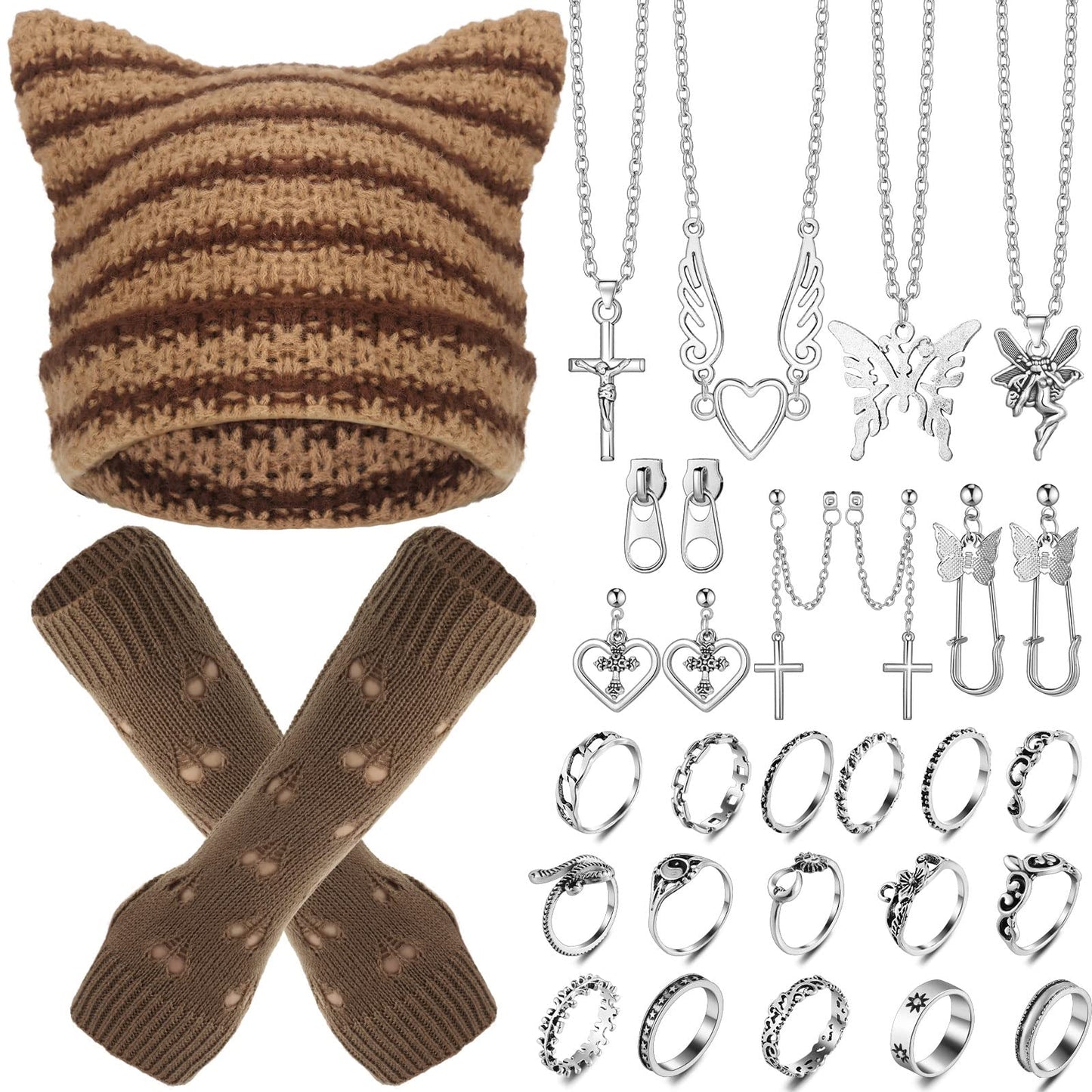 Sureio 25 Pcs Y2k Grunge Knitted Cat Beanie with Fairy Grunge Ripped Gloves Earrings Necklace Rings Monster Horn Accessories(Brown)