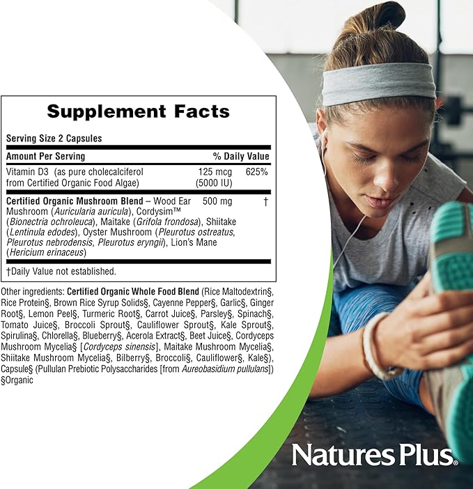 Natures Plus Source of Life Garden Certified Organic Vitamin D3 - Cholecalciferol 5000 iu, 60 Vegan Capsules - Whole Food Plant-Based Supplement - Vegetarian, Gluten-Free - 30 Servings