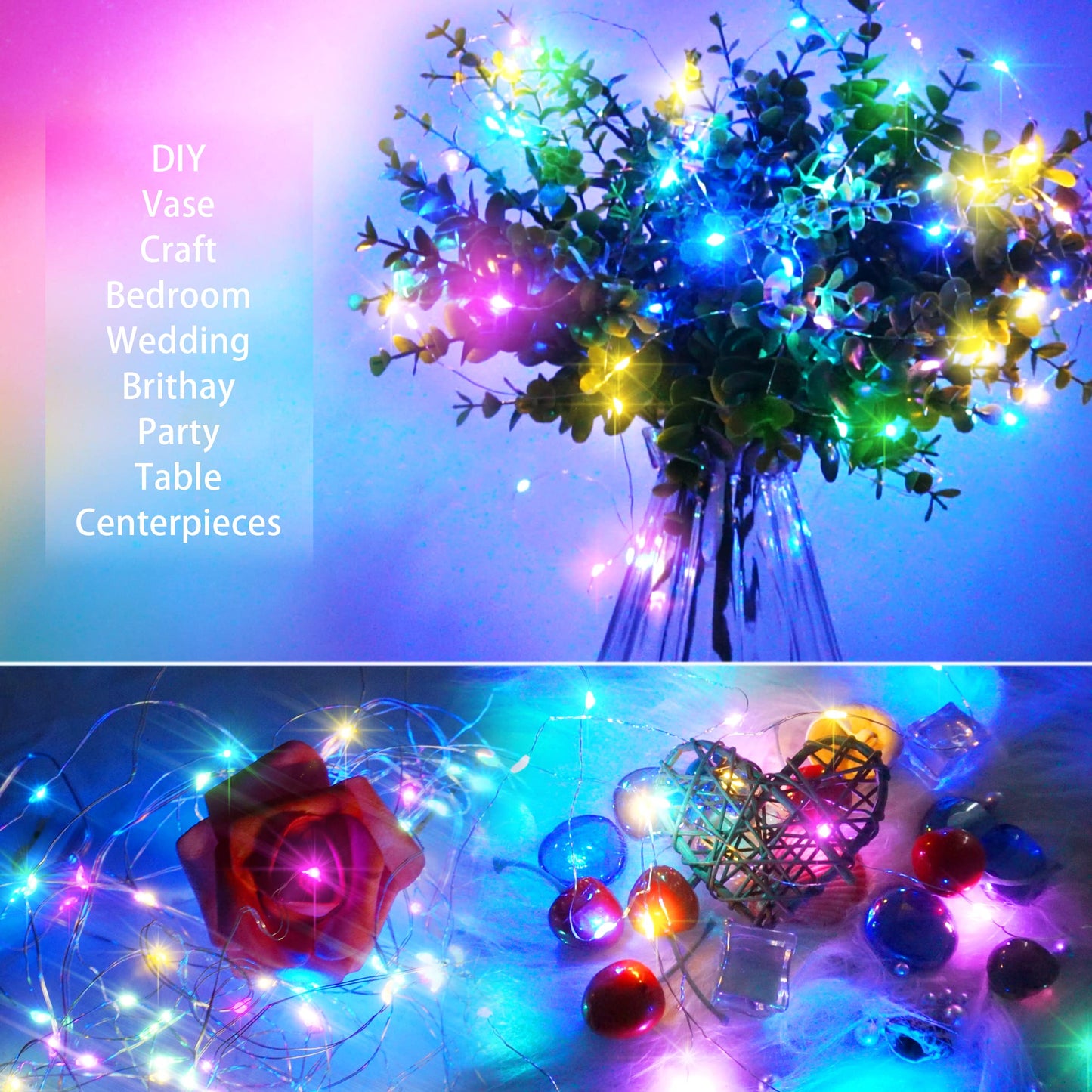 SmilingTown 15 Pack 20 LED Fairy Lights Multicolored Battery Operated Waterproof Silver Wire 6.6 Feet Model st-ting-l464