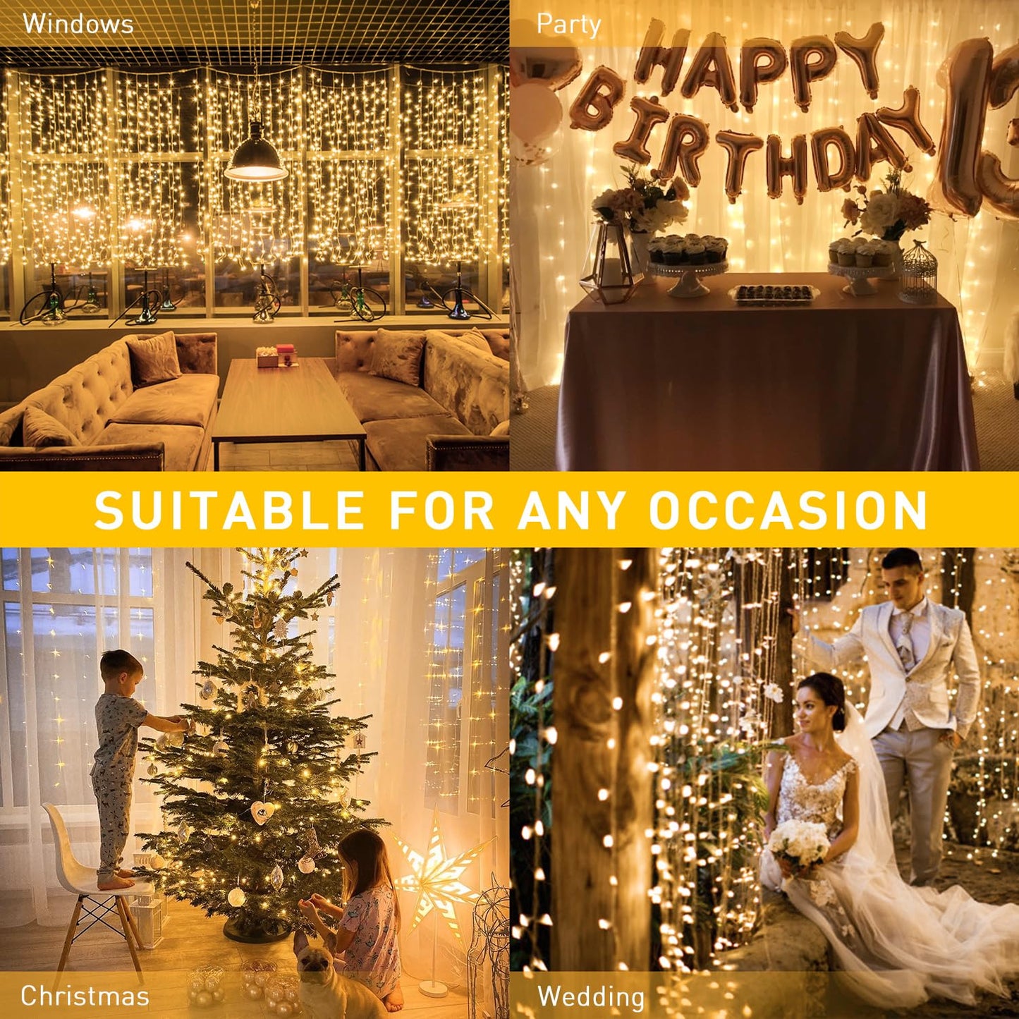 JMEXSUSS 600 LED Curtain String Lights, Warm White, 19.6x9.5ft, Indoor/Outdoor, Remote Control, 8 Modes for Bedroom, Wedding, Party Decorations