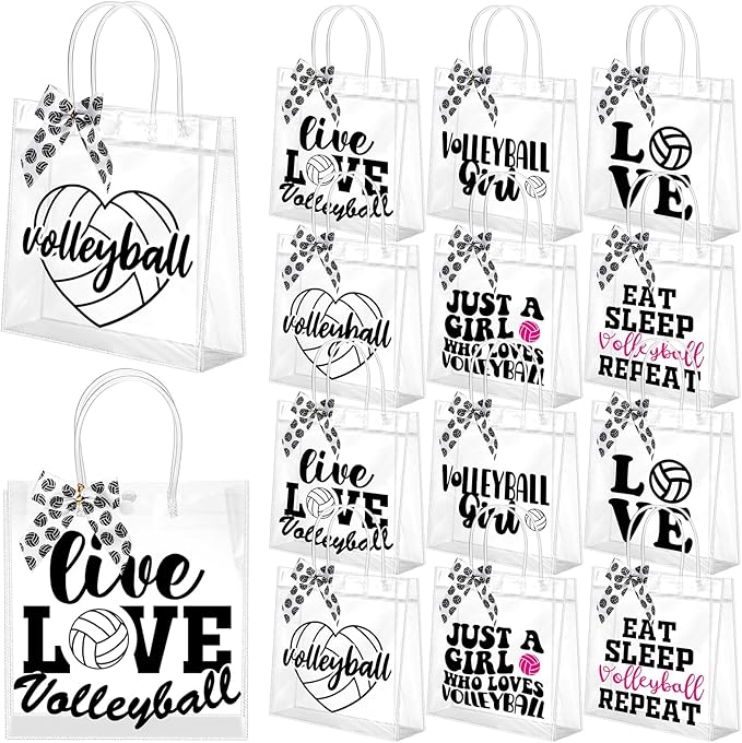 Vicenpal 12 Sets Clear Volleyball Gift Bag with Handles 12 Pcs Bows PVC Plastic Volleyball Treat Goodie Snack Bags 7.9 x ...