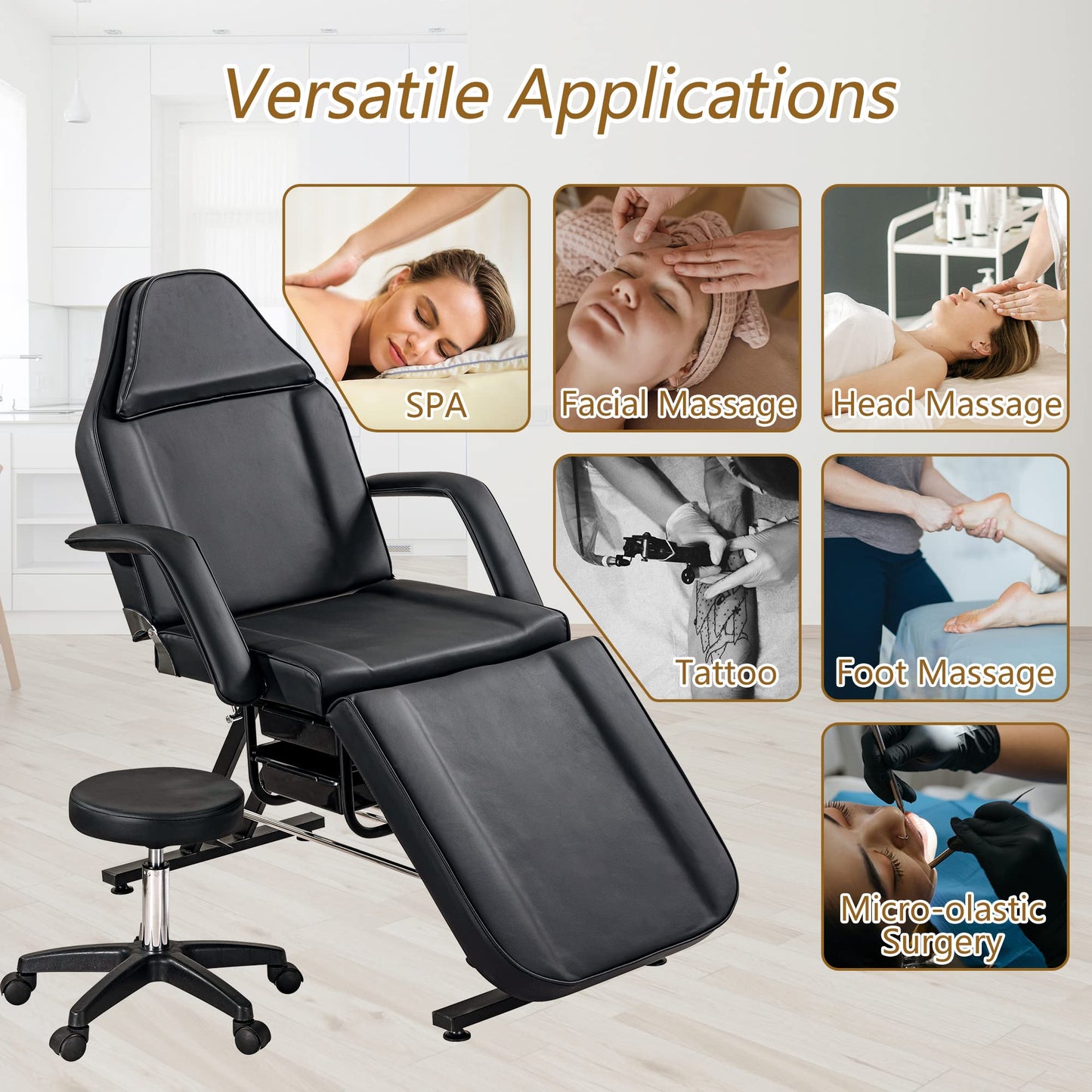 Massage Salon Tattoo Chair with Two Trays Esthetician Bed with Hydraulic Stool,Multi-Purpose 3-Section Facial Bed Table, Adjustable Beauty Barber Spa Beauty Equipment (Black)
