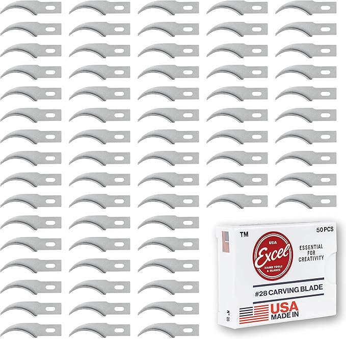 Excel Blades #28 Concave Carving Utility Blade Replacement - 50 Pack Carbon Steel Precision Hobby Blades Craft Knifes - Ideal for Model Making, Cosplay, Foam Carving, Trimming, and Woodworking