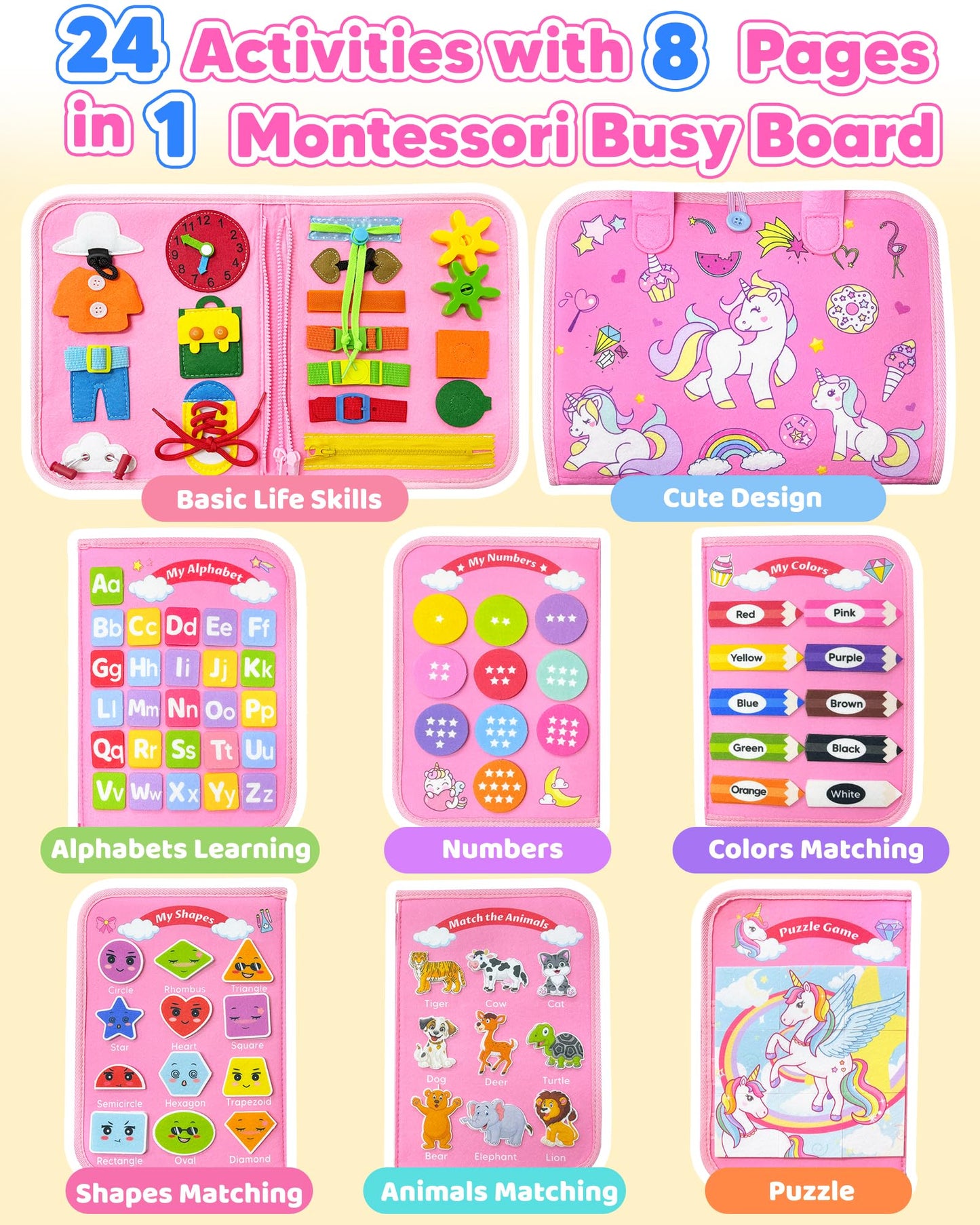 Walenty Busy Board Montessori Toys for Toddler Girl Birthday Gifts, Busy Book Sensory Learning Toys for Toddlers, Educational Activities Airplane Car Travel Toy for Girls