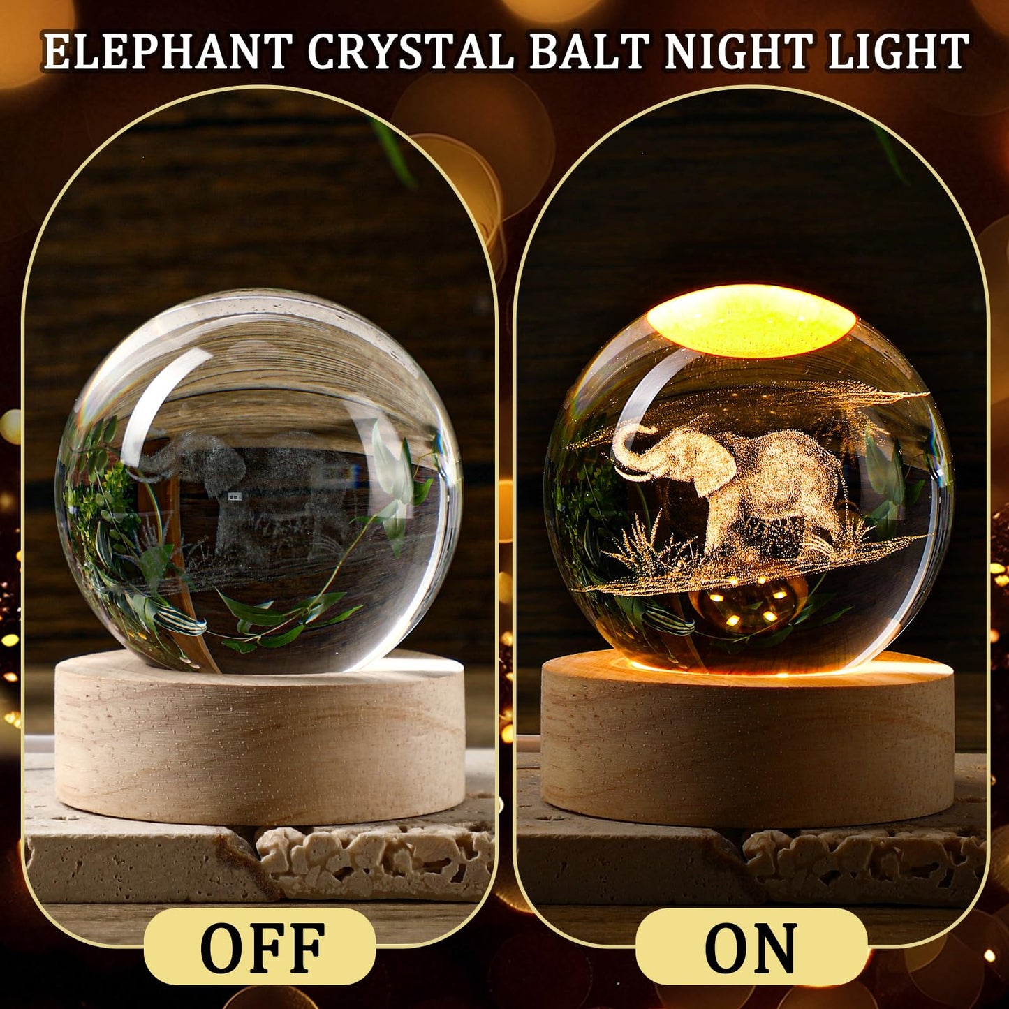 Jetec 2 Sets Thanksgiving Elephant Crystal Ball Night Lamp 3D Elephant Friendsgiving Gift  Light With Wood Base Friendship Card Best Friend Decor Gift For Long Distance Bff Women Christmas Birthday