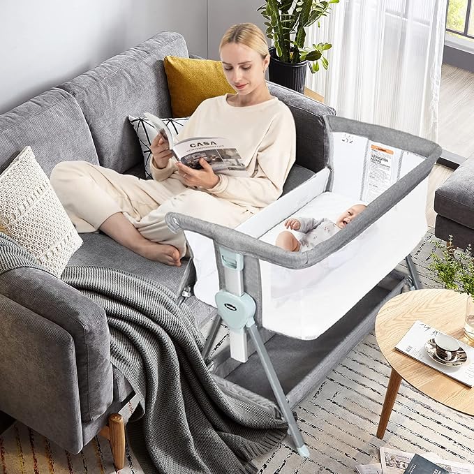INFANS Baby Bassinet Bedside Crib, Newborn Sleeper w/Large Storage Basket, Adjustable Heights, Detachable &Washable Mattress, Breathable Mesh, Straps, Easy Moving Bed Side (Dark Grey)