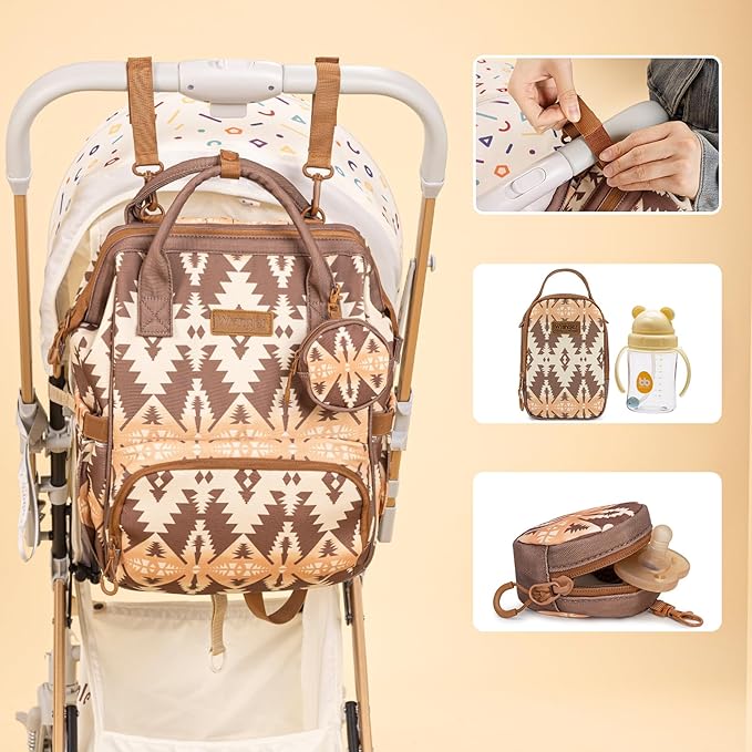 Montana West Wrangler Callie Diaper Bag Backpack with Pacifier Case, Crossbody Bottle Bag and Stroller Straps Western Pattern Multifunction Baby Travel Bag Set WG2215-9110BR