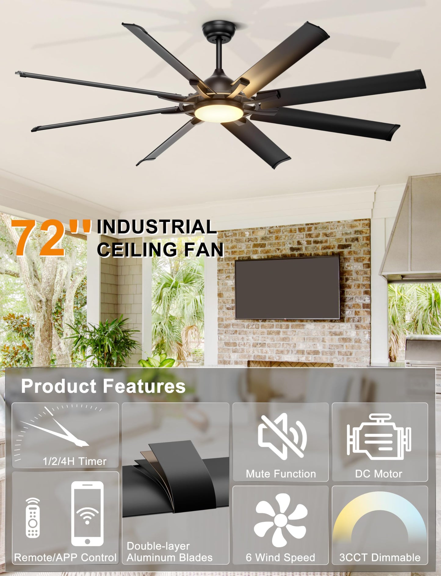 Ohniyou 72 Inch Industrial Ceiling Fan With Lights Remote Control, Black Large Ceiling Fan With 8 Aluminum Blades, 3 Cct, 6-Spee