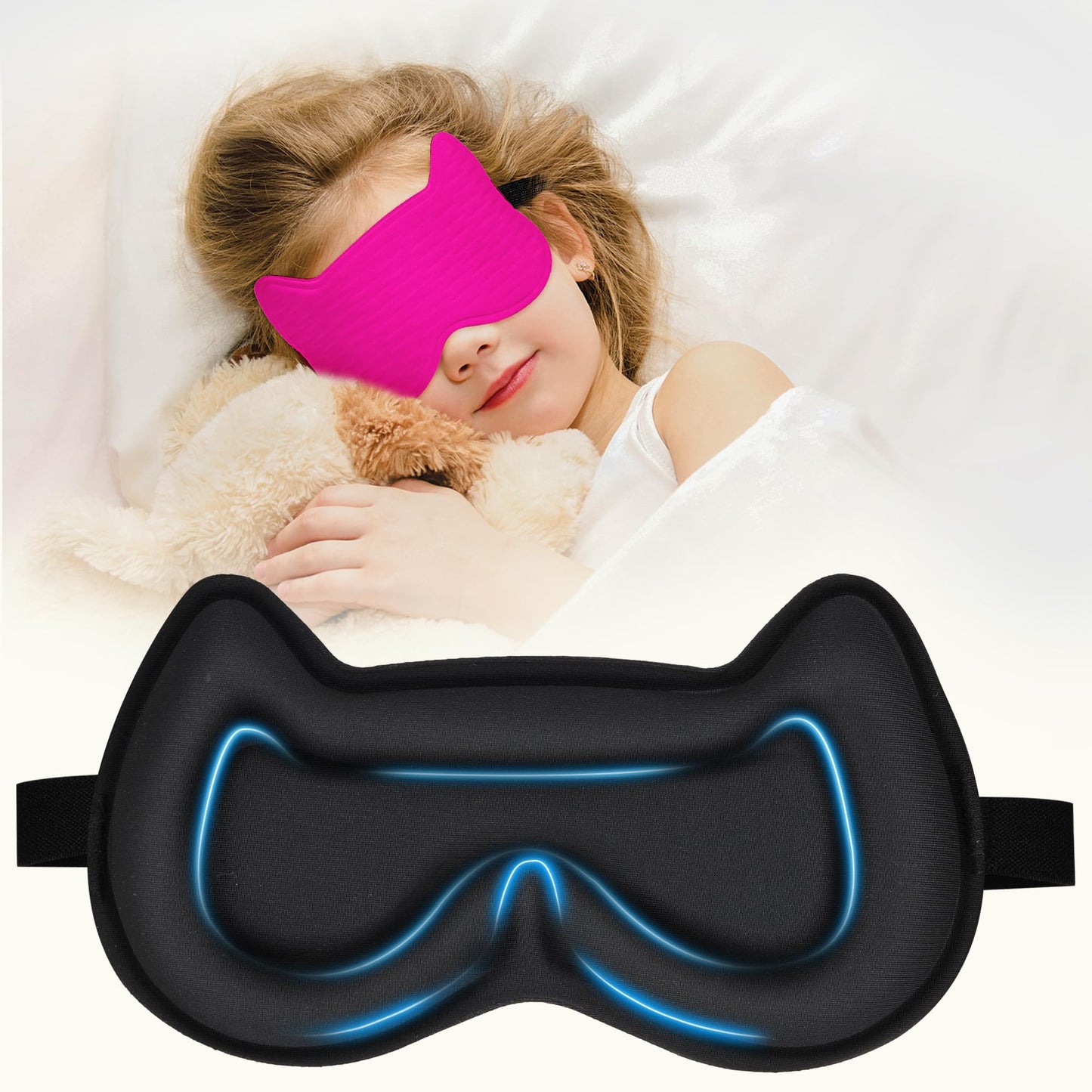 Kids Sleep Mask Eye Mask: 3D Contoured Cup Sleeping Masks, Blindfold with Adjustable Strap, Kids Eye Cover for Boys, Girls, Teens, Pressure-Free with Memory Foam Face Mask for Sleeping (Rose Red)