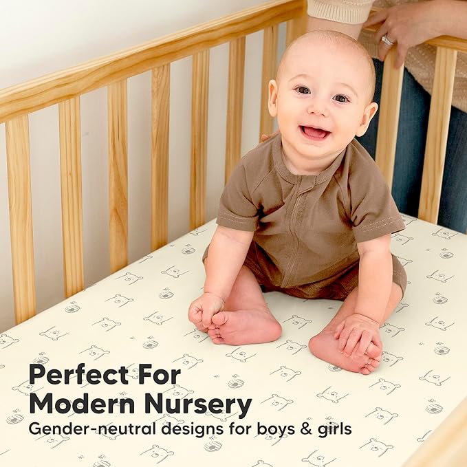 2-Pack Waterproof Baby Crib Sheets for Boys, Girls - 52x28 Viscose Derived from Bamboo Toddler Bed Sheet Neutral, Fitted Crib Mattress Protector Cover for Baby Bedding, Soft & Gentle (Bumble Bear)