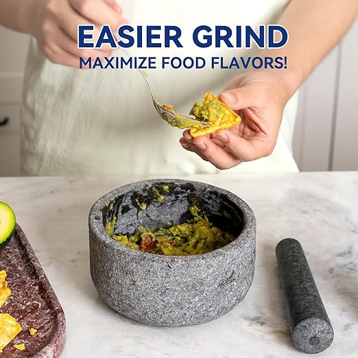 Koville Granite Mortar and Pestle Set, 6.3"-2 Cups Unpolishesd Stone Grinder Bowl for Guacamole, Salsa, Pill Crusher, Spice, Herb, Garlic, Nut, Heavy Duty Grinder for Kitchen(Angola Silver Black)