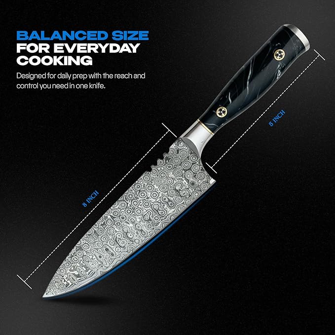 Hand-Forged Damascus 8” Chef Knife with 133-Layer Blade - Premium Kitchen Knife for Daily Cooking, Balanced Handle for Control - Ideal Chefs Knife & Chef Gifts