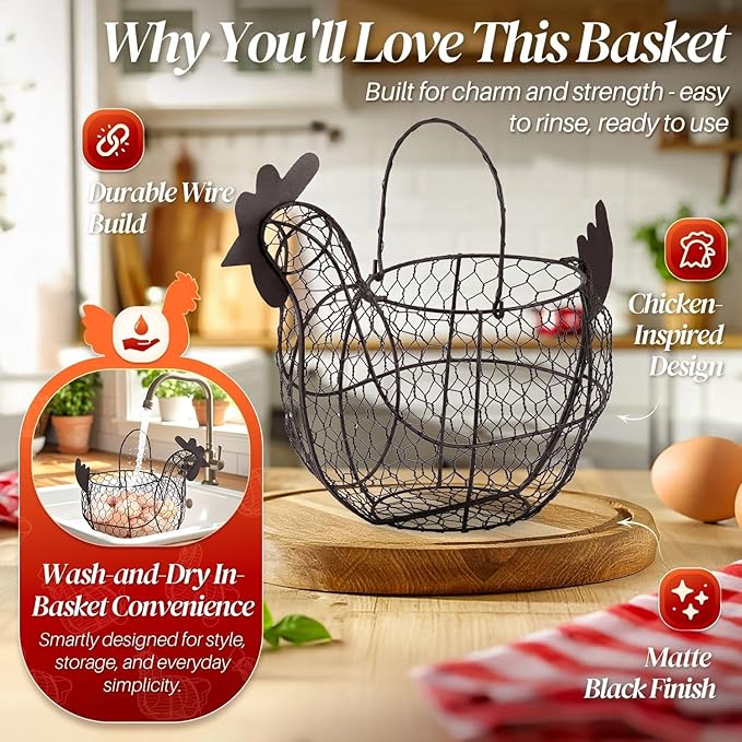 Flexzion Chicken Egg Basket for Collecting Eggs, Small Wire Egg Collecting Basket with Handle for Eggs, Fruits, Vegetables, Farmhouse Rustic Style Chicken Basket Decor for Kitchen Countertop, Brown