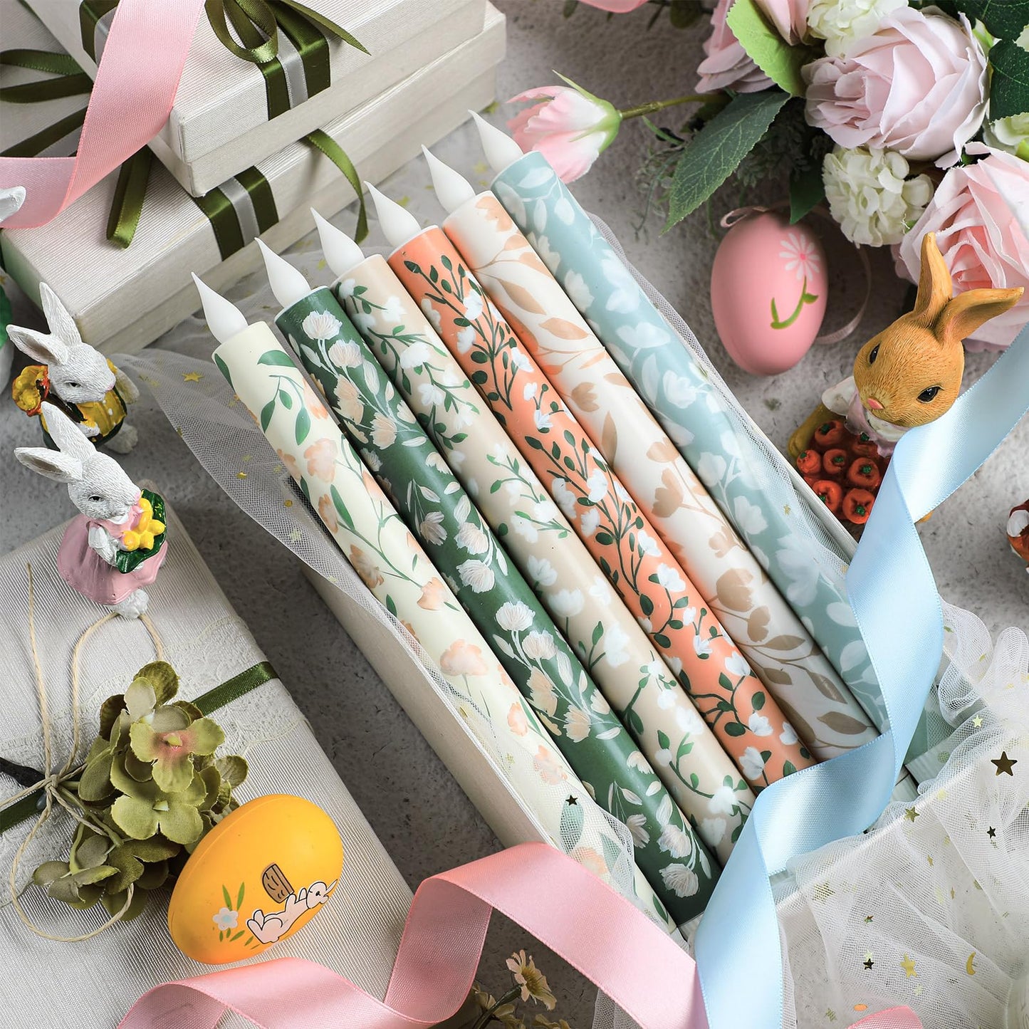 Honoson 6 Pcs Easter Flameless Taper Candles 10.6 Inch Spring Flower Candles Battery Operated LED Candlesticks for Easter Dinner Table Home Party Decor