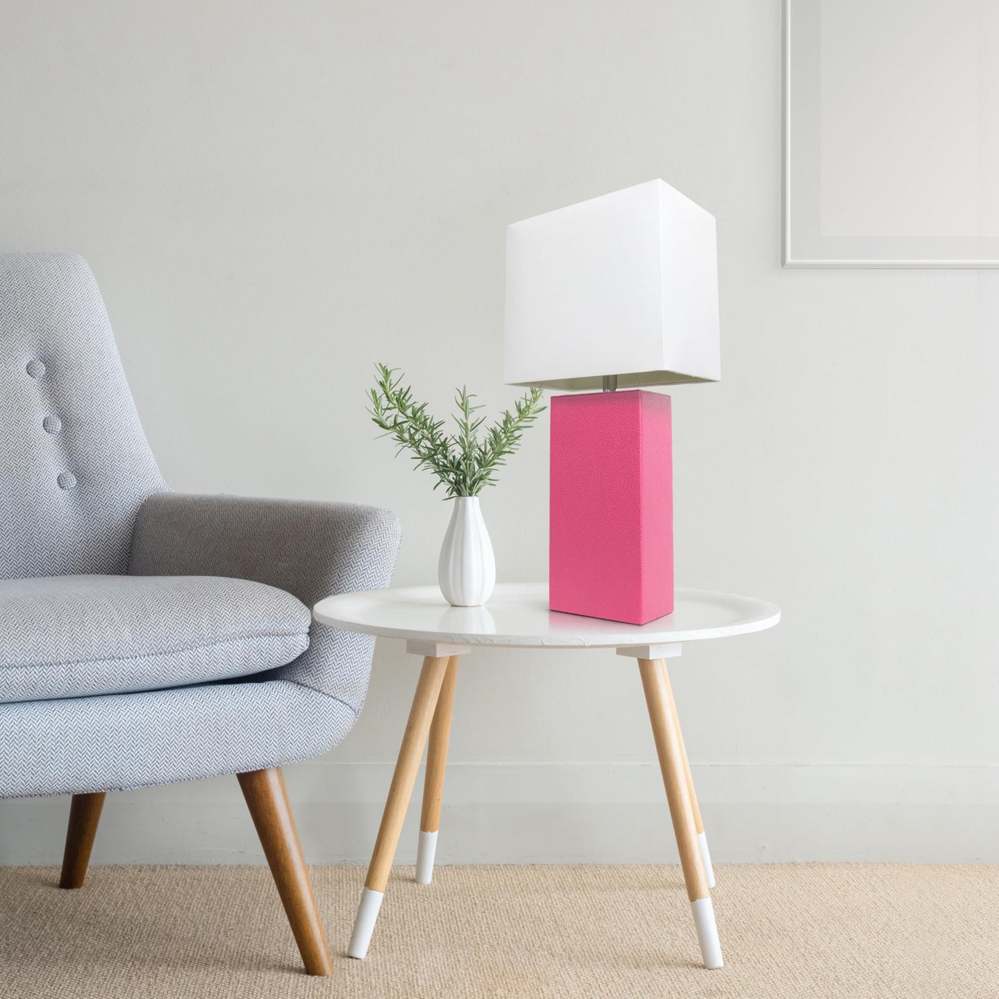 LALIA HOME Lexington 21in Leather Base Bedside Table Lamp, Hot Pink, Fabric Shade, Modern Decor for Living Room, Bedroom, Office