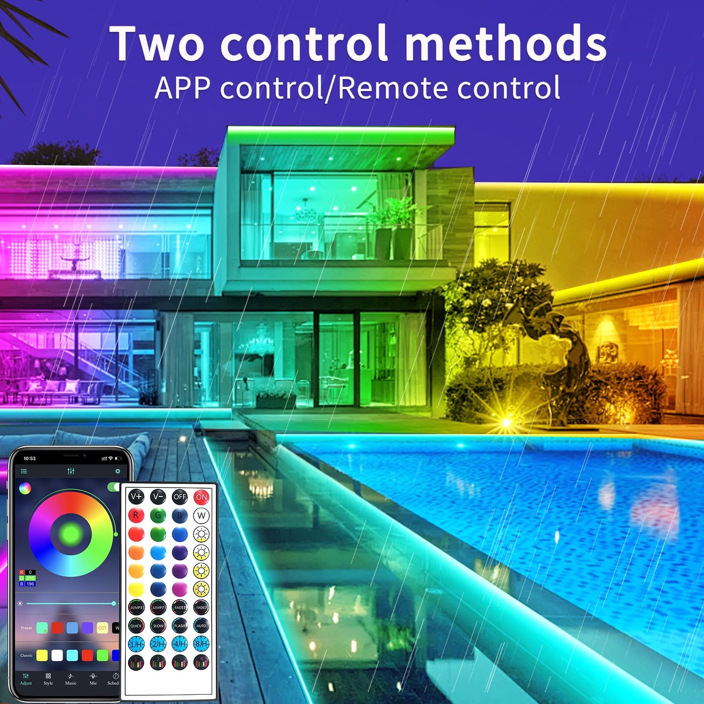 vimeepro LED Strip Lights 66ft Waterproof RGB Color Changing with App/Remote Control, Music Sync, Model vimeepro-ledFS66FT04