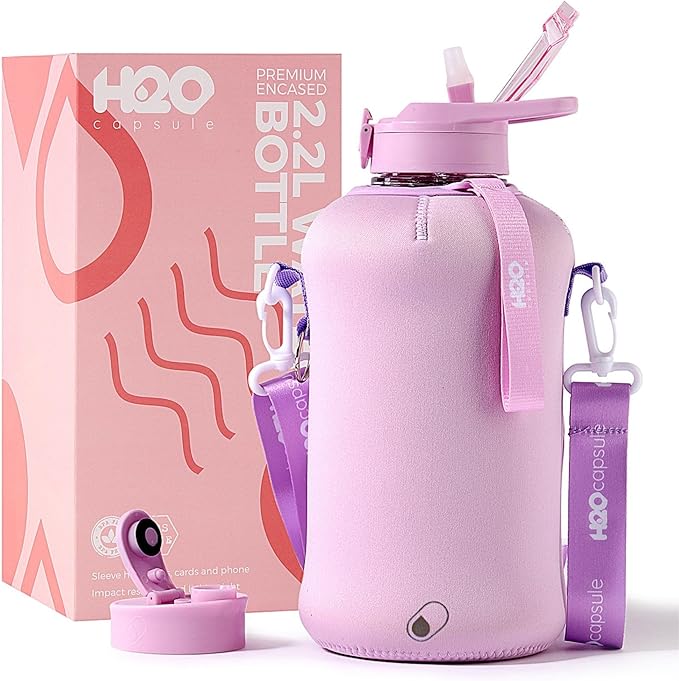 H2O Capsule 2.2L Half Gallon Water Bottle with Storage Sleeve and Covered Straw Lid – BPA Free Large Reusable Drink Container with Handle - Big Sports Jug, 2.2 Liter (74 Ounce)