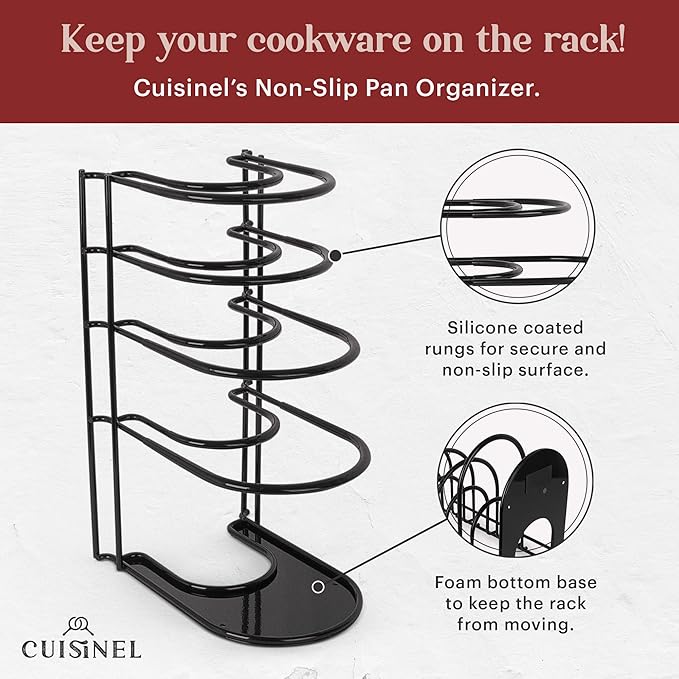 Cuisinel Pan Organizer - Silicone-Coated Non-Slip 15" Heavy Duty Skillet Rack - Kitchen Counter/Cabinet Organization Storage - Cookie Sheet, Cutting Board, Cast Iron Cookware, Pots, Lid Stand/Holder