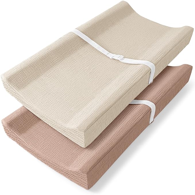 Bearmoss Changing Pad Cover, 2 Pack Muslin [100% Cotton] Diaper Changing Table Covers, 32'' x 16'' Soft Breathable Changing Pad Sheets for Unisex Baby Girls and Boys with Strap Holes (Peanut)