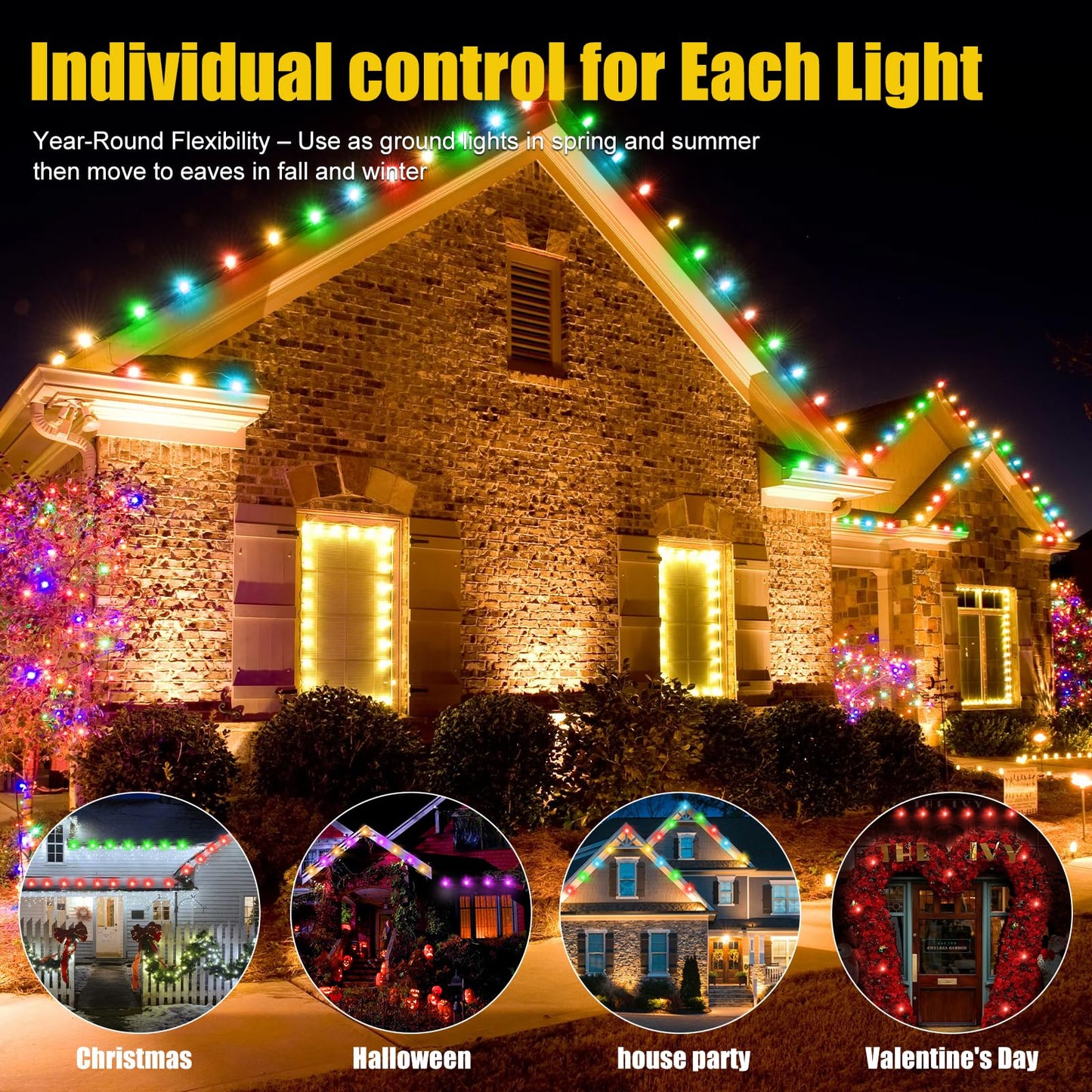 Geodurn LED String Lights, 200 FT Waterproof, Color-Changing, App/Remote Control, Black, Model DCD-60M
