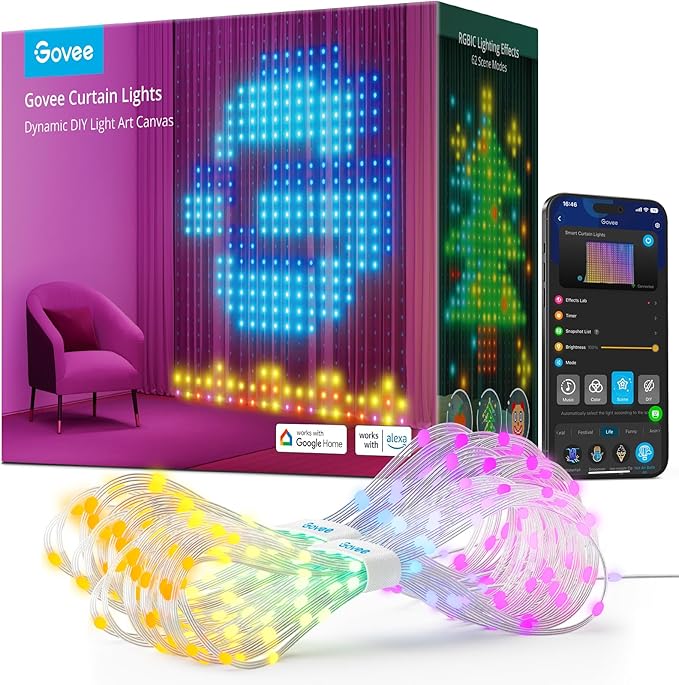 Govee Curtain Lights, Smart LED Color Changing Wall Lights, Dynamic DIY Curtain String Lights for Bedroom Living Room Holi...