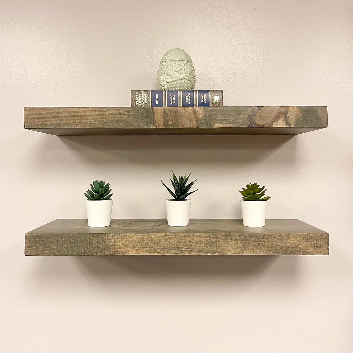 URBANDI, Rustic Floating Shelves, Set of 2, Hidden Bracket, Solid Wood, Heavy Duty, Wall Mounted Shelves, (Grey, 12Wx8D)