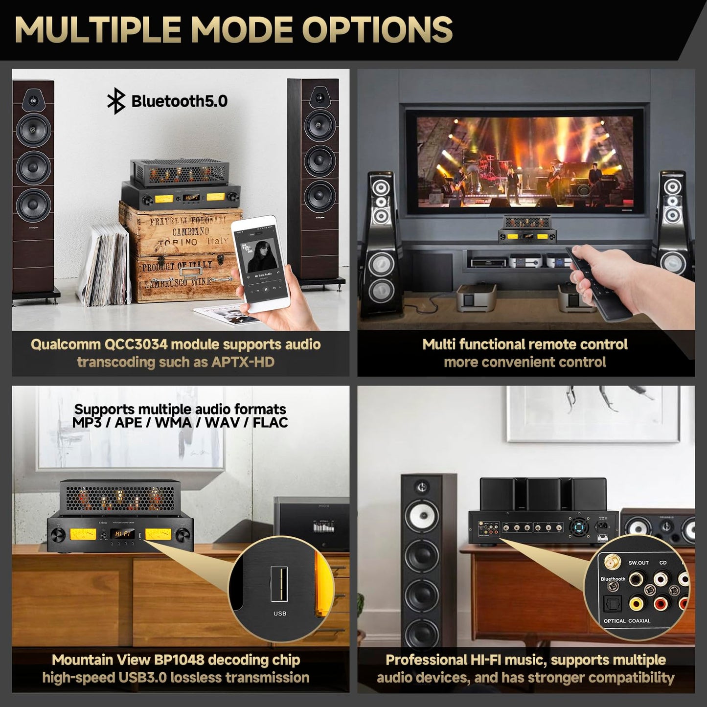 CrBoke KT88 480W Class A Tube Amplifier with APTX-HD Bluetooth & Subwoofer Output