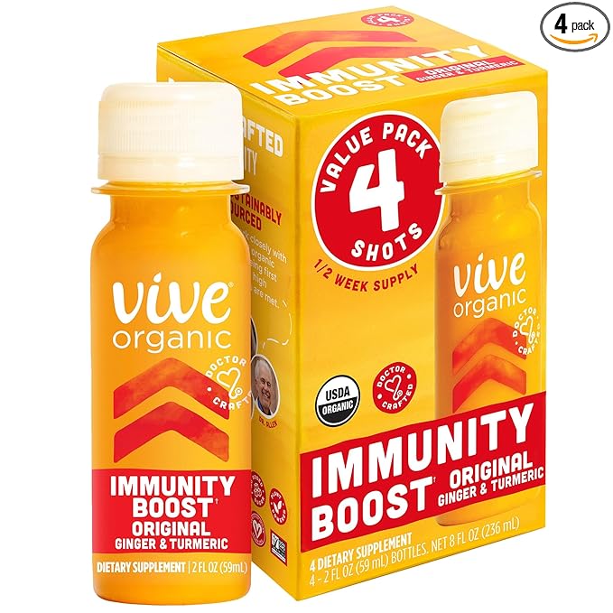 Vive Organic Original Ginger and Turmeric Immunity Boost Shot, Potent Wellness Shots, Gluten Free and Vegan, 2 fl oz Bottl...