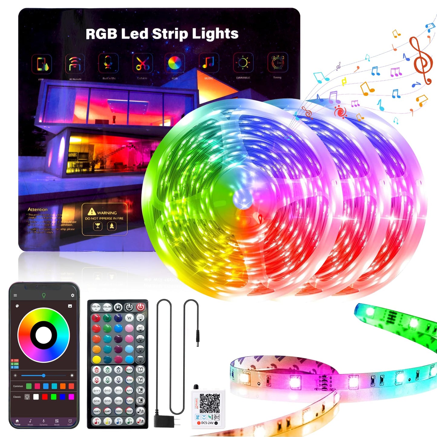 GANZQH RGB LED Strip Lights, 300FT Color Changing, Music Sync, Remote/App Control, Plastic, White, Model GAN-rgb008-2