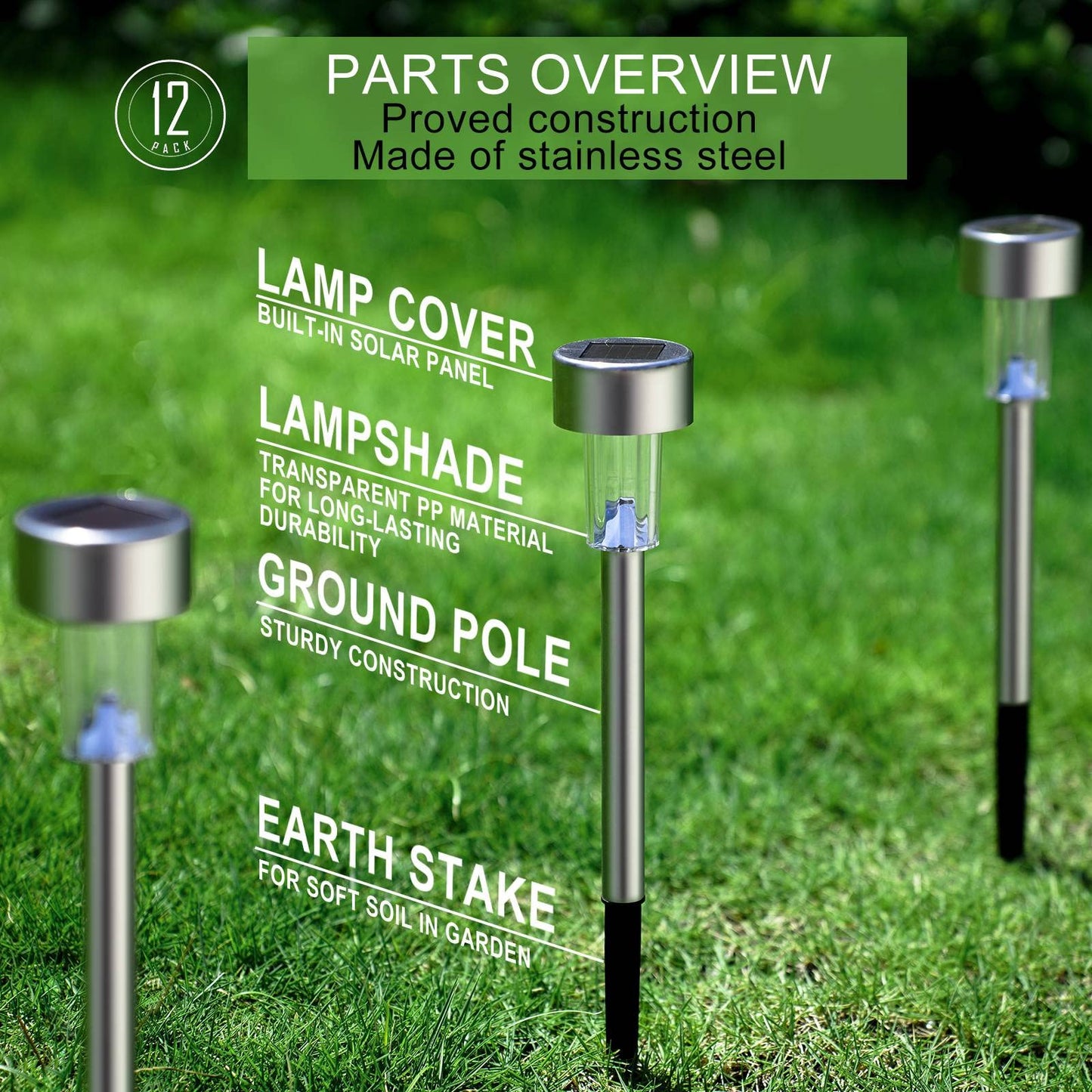 Dream Master Solar Lights - 12 Pack LED Landscape Lighting, Stainless Steel, Waterproof, Warm White for Pathway, Patio, Yard
