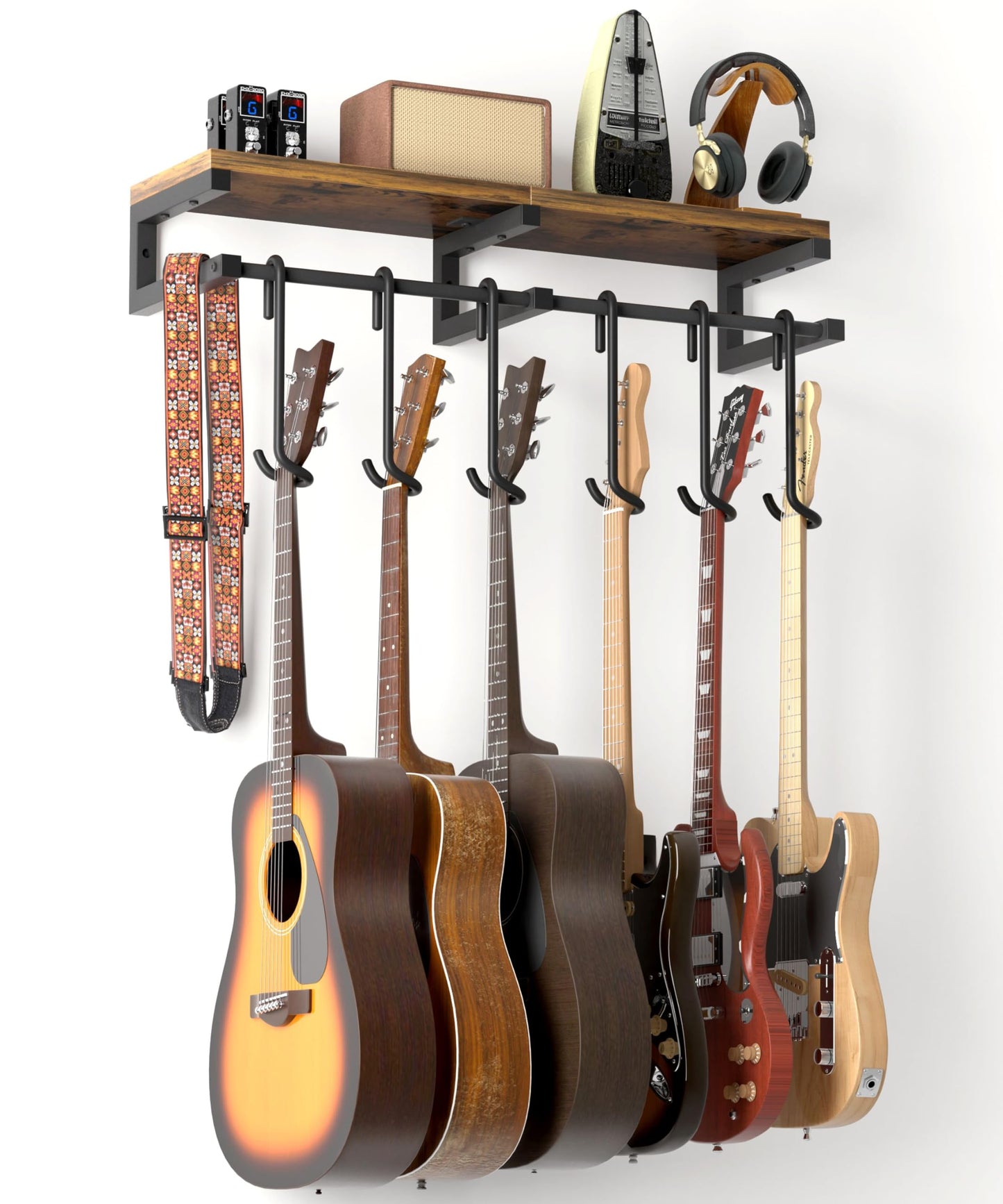 Keebofly Multiple Guitar Wall Mount Hangers With 6-Detachable Hooks & Rustic Shelf - Universal Fit For Acoustic, Electric, Bass