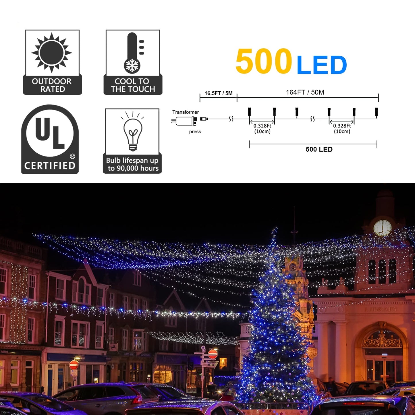 Weillsnow 164FT 500 LED Christmas Lights, Waterproof, Twinkle, Blue White, Model HB-500COI