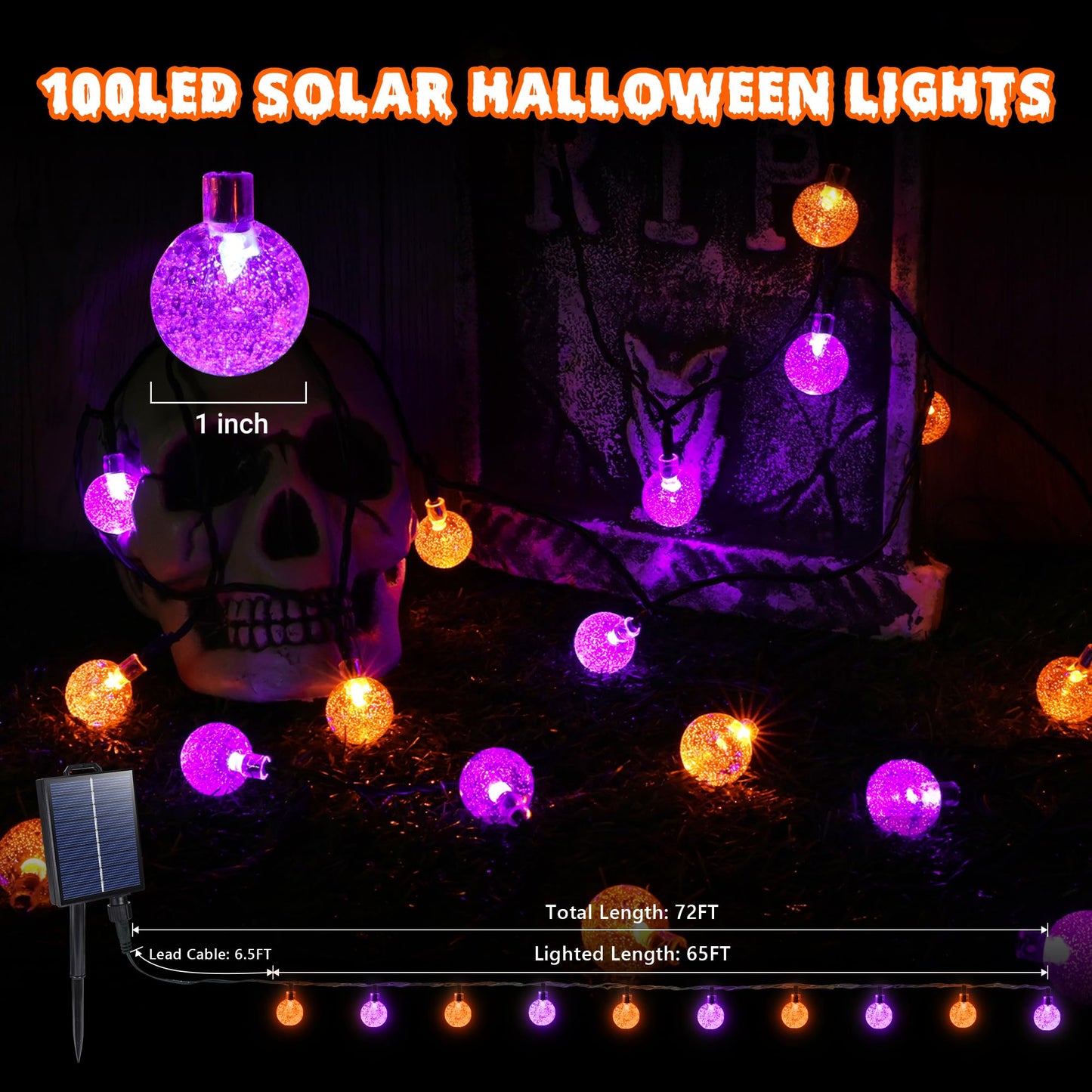 Joomer Solar String Lights - 100LED 72FT Waterproof Crystal Globe Lights, Orange Purple, 8 Modes for Outdoor Patio Halloween Decor