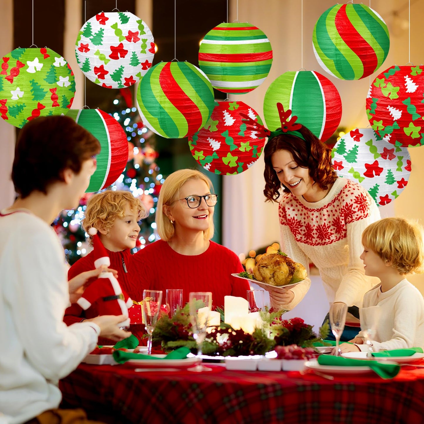 ADLKGG Christmas Paper Lanterns, 12 Pcs, Red Green Trees & Bells, Indoor Outdoor Holiday Decorations, Model 001