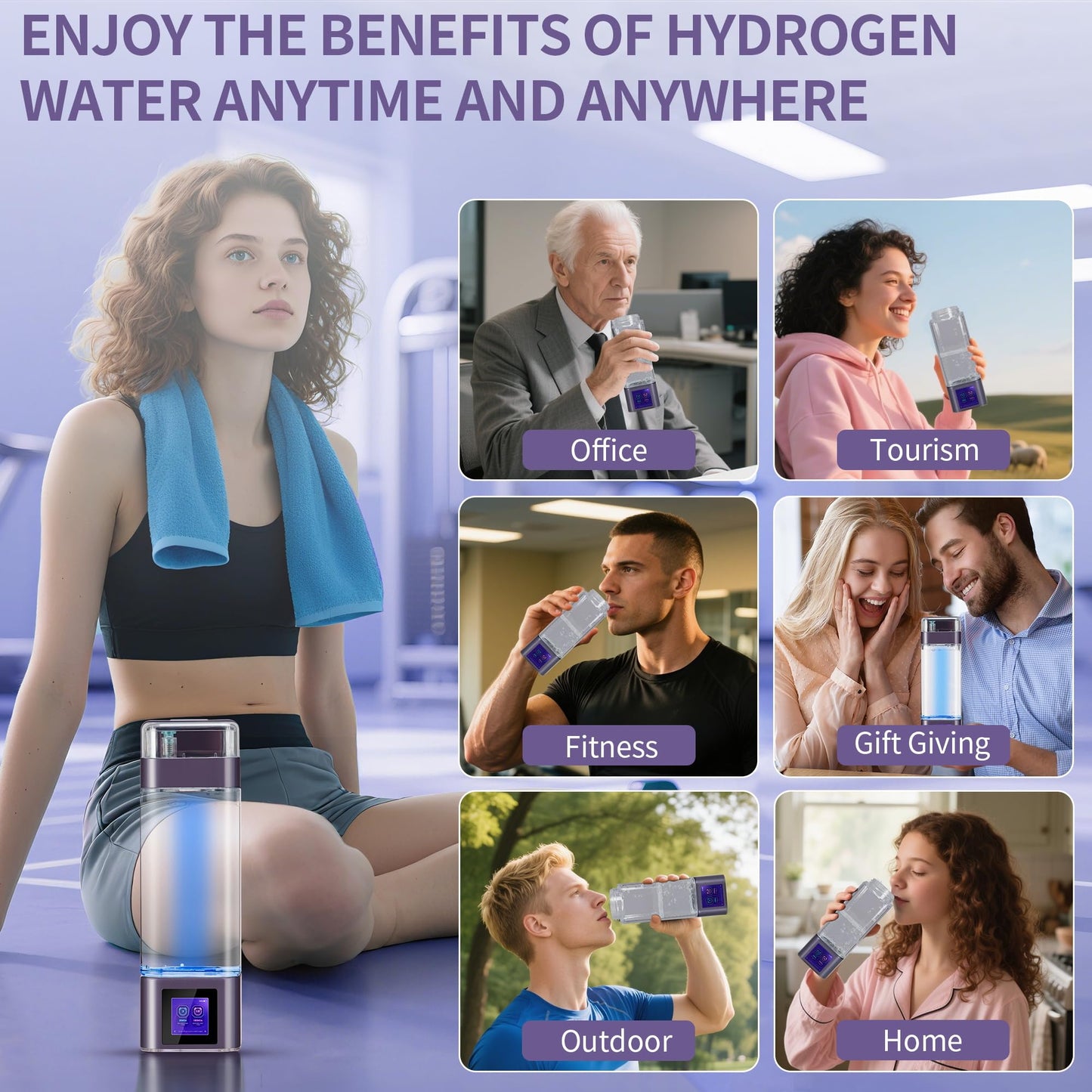 Hydrogen Water Bottle Generator, Up to 9000ppb, Portable Hydrogen Bottle with Smart Touchscreen, SPE/PEM Technology for Home Office Outdoors Drinking, 350ml