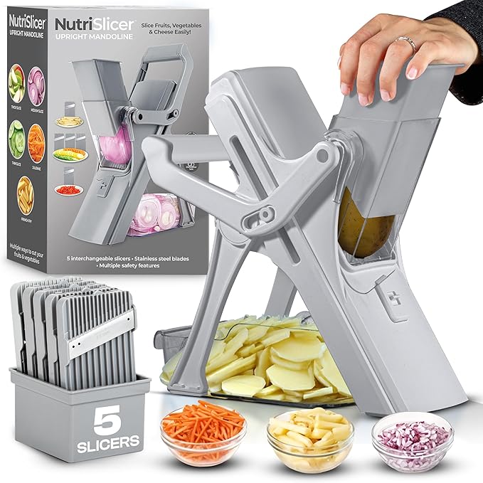EMSON Safe Mandoline Slicer for Kitchen, All in 1 Mandoline Slicer for Food Works as Potato Slicer, Vegetable Slicer, Food Slicer, French Fry Cutter and More with 5 Blades and Storage Container