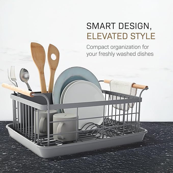 Yamazaki Home Sink Removeable Drainer Tray, Kitchen Drying Organizer Holder, One Size, White Steel + Wood | Dish Rack, Gray