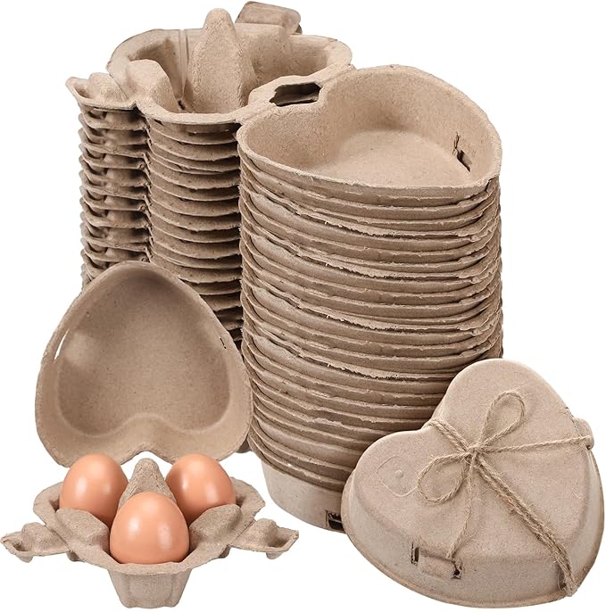 80 Pcs Easter Heart Shaped Eggs Cartons 3 Count Natural Paper Pulp Valentine Egg Cartons with Jute Rope Reusable Cardboard Storage Baskets Holder Tray for Kitchen Holiday Gifts Market Farm