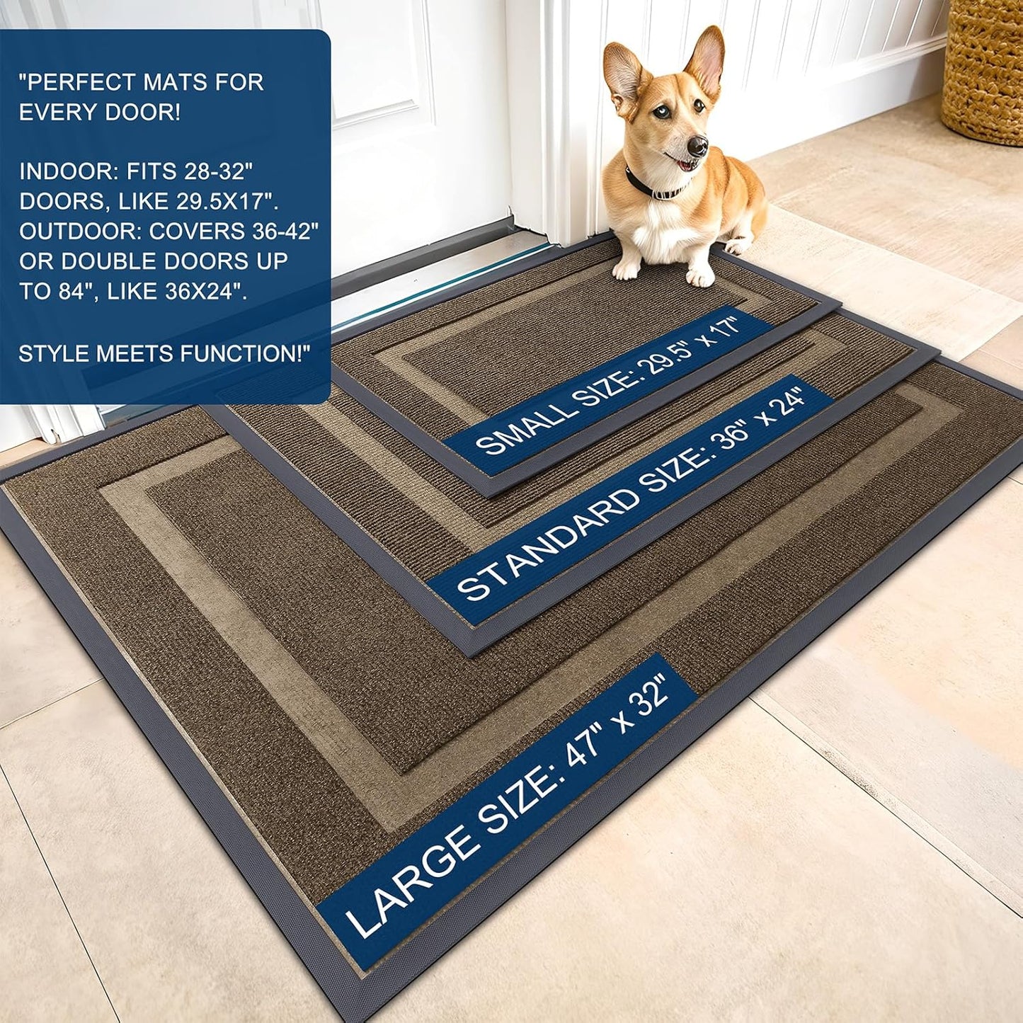 OLANLY Front Door Mat Indoor Outdoor Entrance, Waterproof All-Season, All-Weather Doormat, Sturdy Natural Rubber, Fade Resistant, Low Profile, Easy Clean Patio Porch Entryway Mat, 47x23, Brown