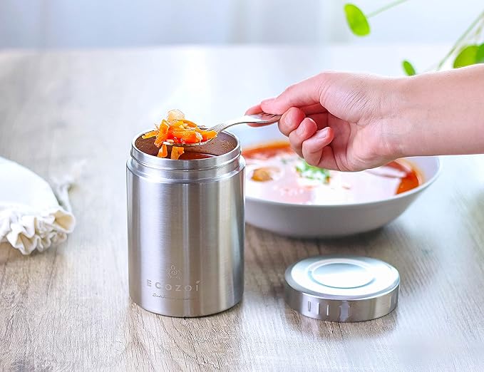 ecozoi Stainless Steel Insulated Lunch Box, Vacuum Insulated Food Jar, 17 Oz + Spork + Lunch Bag