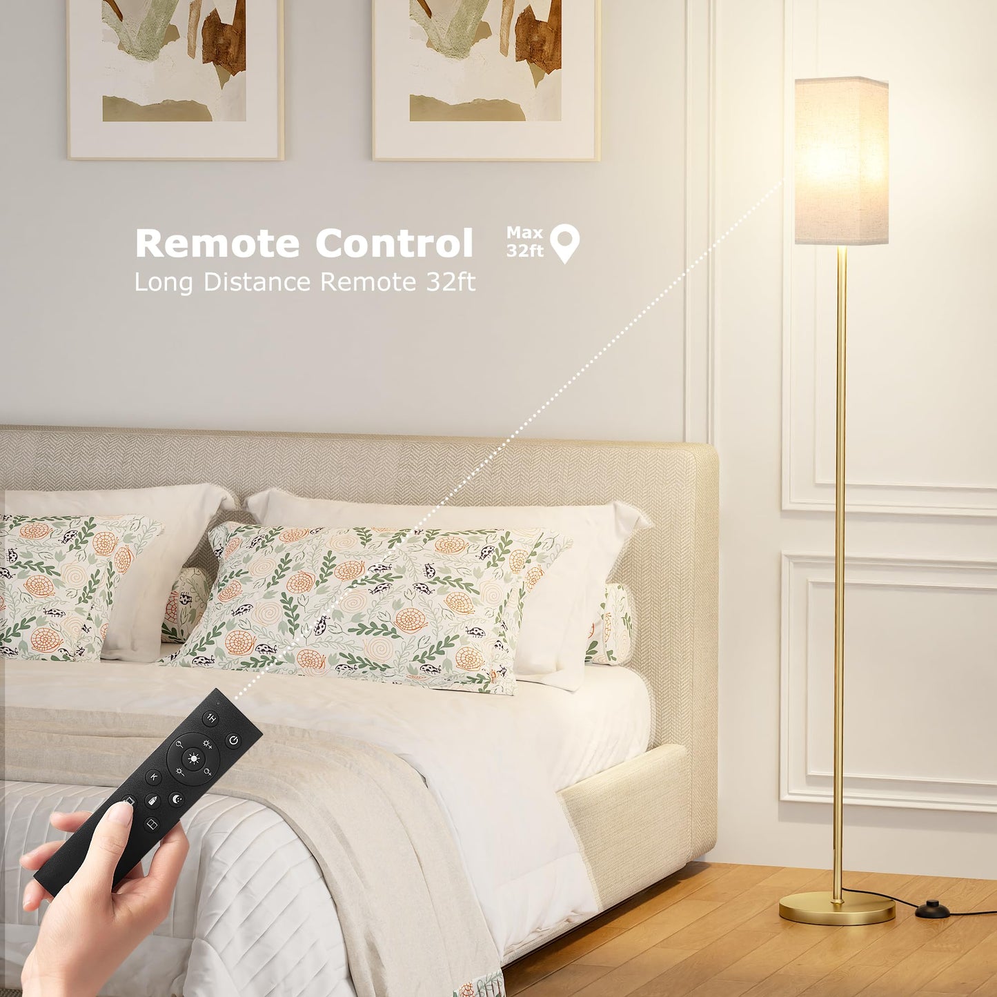 Ambimall Remote Control Floor Lamp, 64in Tall, Stepless Dimmable, Metal, Light Beige & Gold, Includes 9W Bulb, 2 Packs