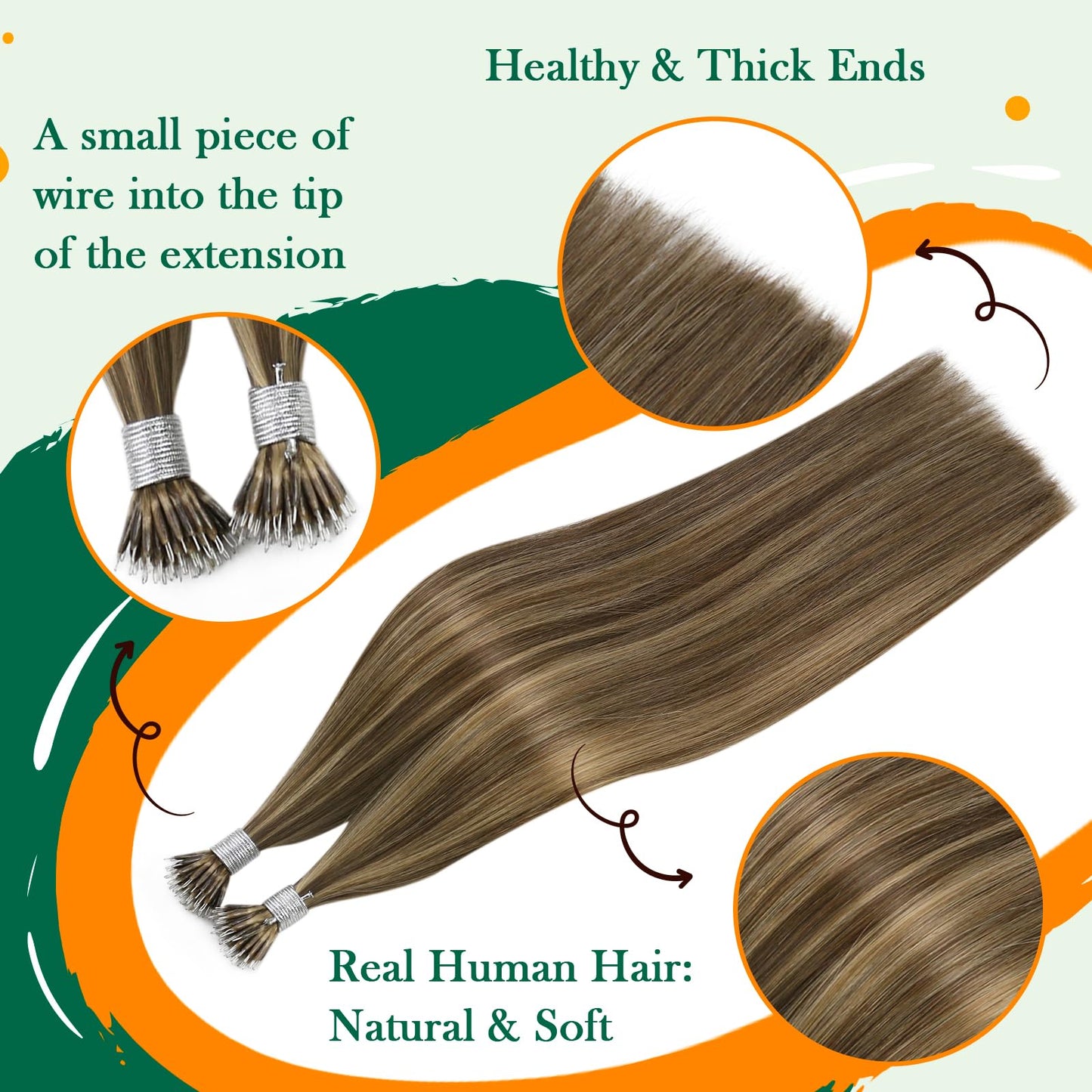 Easyouth Nano Hair Extensions Human Hair Thick Nano Beads for Hair Extension Brown Highlight Honey Blonde Nanos Ring Hair Extens