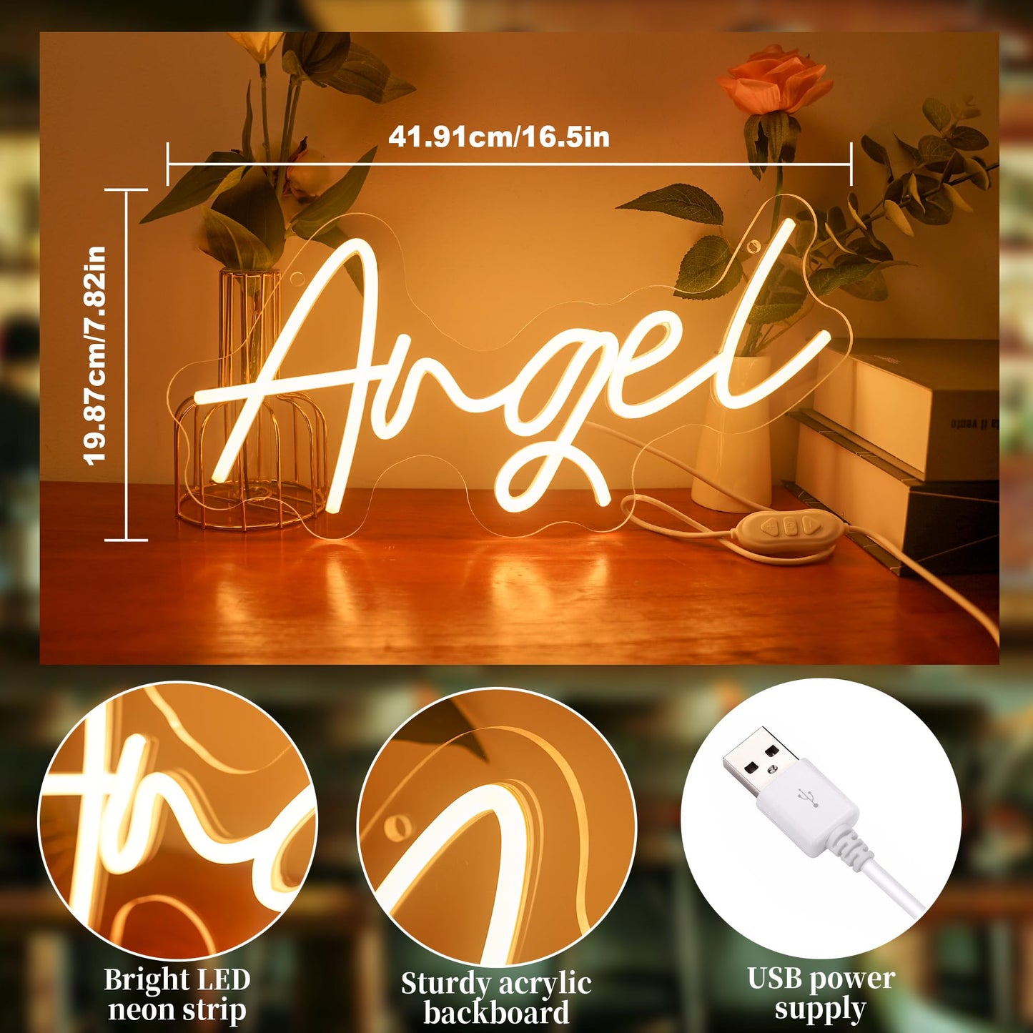 JIURUIFFC Angel Neon Sign, Warm White, Dimmable USB Powered Wall Decor, 16.5 x 7.8 inches, for Kids Room, Birthday, Wedding Party
